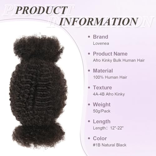Afro Kinkys Bulk Human Hair Kinky-Curly 100% Real Human Hair for Twist, Braiding, Dreadlocks & Sister Locs, Natural Soft Pre Fluffed, Can Be Dyed Bleached (#1B Natural Black, 22 Inch)