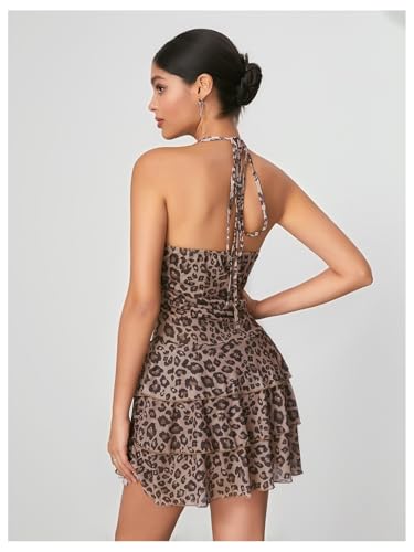WDIRARA Women's Y2k Leopard Print Halter Dress Tie Backless Layered Ruffle Hem Mini Dresses Cheetah Mesh Dress