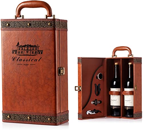 Wine Gift Box with 4 Wine Accessories Set,Portable Two Bottle Wine Carrier Case for Christmas,Wedding, Anniversary, Party,...