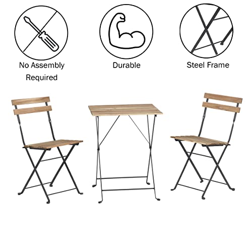 Folding Patio Bistro Set – 3-Piece Acacia Wood and Steel Café Table and Chairs for Porch, Deck, Garden, or Balcony Furnitu...