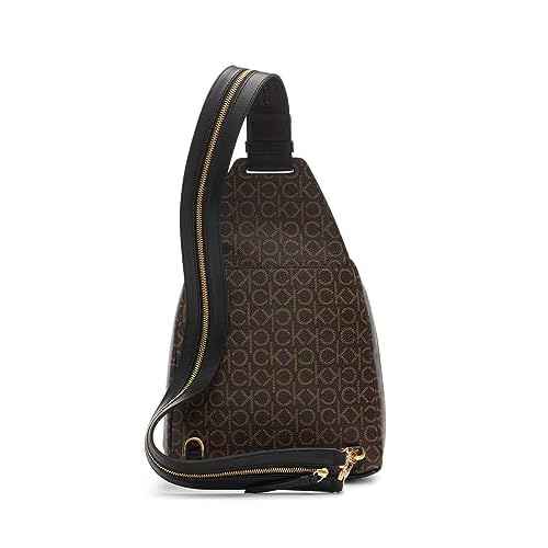 Calvin Klein Women's Millie Backpack for Women ? Vegan Leather Monogram Backpack, 2 Pockets, Brown/Khaki/Black, One Size