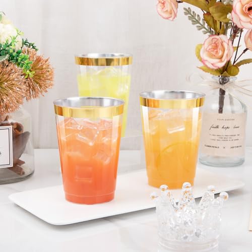 I00000 100 Pack 12 oz Gold Plastic Cups, Gold Rimmed Disposable Cups, Disposable Wine Glasses Cocktail Glasses Premium Cup...
