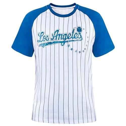 Mens City Baseball Fans Vintage Sporty Pinstripe Crew Neck Tee Shirts - Navy & Red