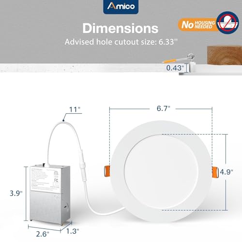 Amico 12 Pack 6 Inch 5CCT Ultra-Thin LED Recessed Ceiling Light with J-Box, 2700K/3000K/3500K/4000K/5000K Selectable, 12W=...