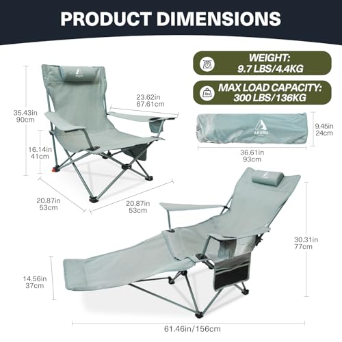 ARURU 2-in-1 Reclining Camping Chair, Portable Folding Beach Lounge Chair with Footrest & Adjustable Backrest, Comfortable...