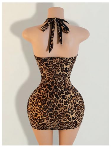 SweatyRocks Women's Leopard Print Halter Dress Backless Bodycon Mini Club Party Cheetah Dresses