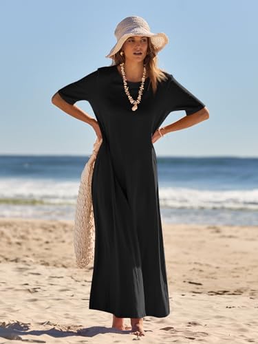 MEROKEETY Summer Maxi Dresses for Women 2026 Vacation Spring Casual Short Sleeve Basic Long T Shirt Dress Pockets