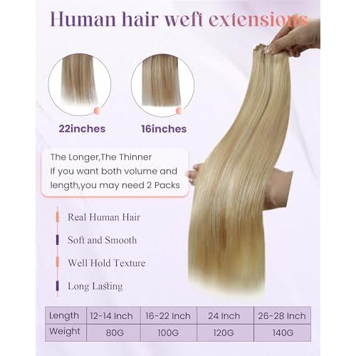 LaaVoo Weft Hair Extensions Human Hair 20 Inch Sew in Hair Extensions Gloden Brown Highlights Light Blonde Hair Human Hair Weft Extensions Long Straight 100g