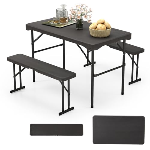 Giantex Folding Picnic Table Bench Set, Rectangular Patio Dining Table Set for 4, with HDPE Tabletop, Metal Frame, Space-S...