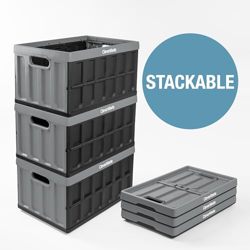 CleverMade Collapsible Storage Bins - Stone 1 Pack 46L - Stackable Containers Heavy Duty Capacity Folding Crates - Space-S...