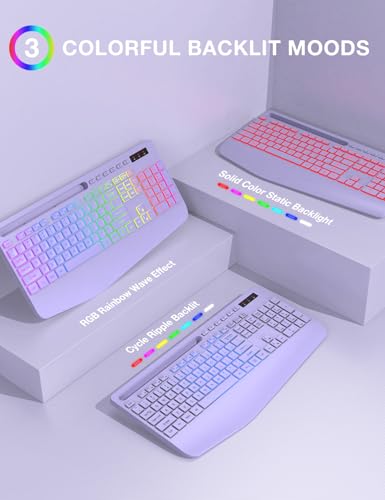 Wireless Keyboard with 9 Effects Backlits, Wrist Rest, Phone Holder, Rechargeable Ergonomic Computer Keyboard with Silent ...