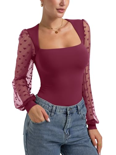 PINKMSTYLE Women's Square Neck Double Lined Mesh Long Sleeve Bodysuits Slim fit Trendy Going Out Tops Shirts