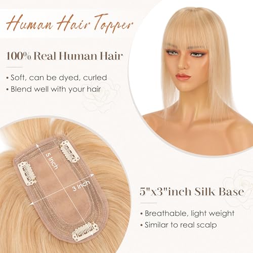 S-noilite Human Hair Toppers for Women with Bangs 100% Real Human Hairpiece 5"x3" Clip in Silk Base Topper Piece Cover Thinning Fine Hair 12 inch Camel Brown Highlighted Blonde