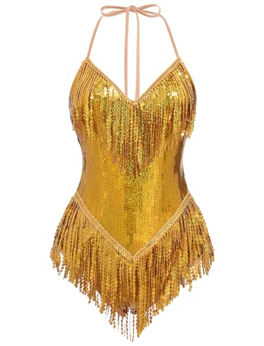 IDOPIP Women Sequin Fringe Bodysuit Sparkly Tassel Leotard Romper Women's Latin Dance Dress Sexy Festival Rave Party Outfits