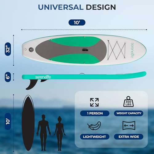 SereneLife Stand Up Inflatable Paddle Board with Premium SUP Accessories – Wide Stable Design with Non-Slip EVA Deck Pad f...