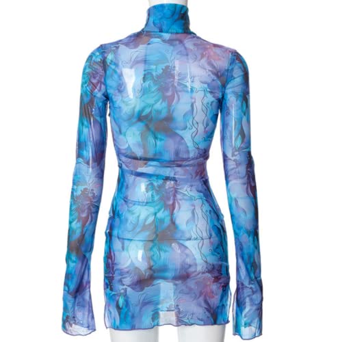 Women’s Floral Tie Dye Sheer Mesh Mini Dress Sexy Mock Neck Split Bodycon Flared Long Sleeve Beach Party Dress
