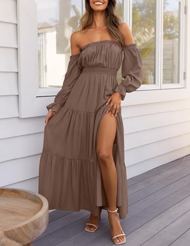 ZESICA Women's 2026 Boho Sexy Off Shoulder Long Sleeve Smocked High Waist Side Split Flowy A Line Tiered Long Maxi Dress