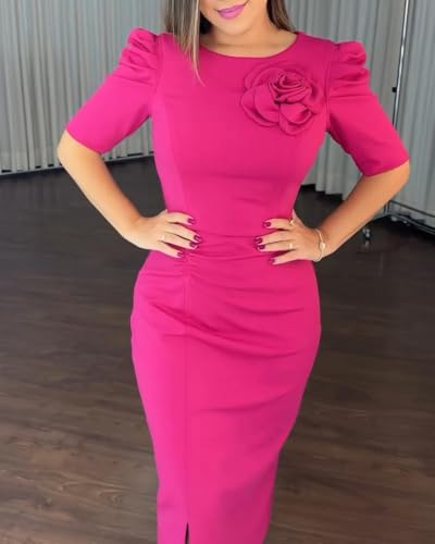 Women's Bodycon Midi Dress Ruched Puff Sleeve Cocktail Pencil Dress Casual Slit Party Work Dresses