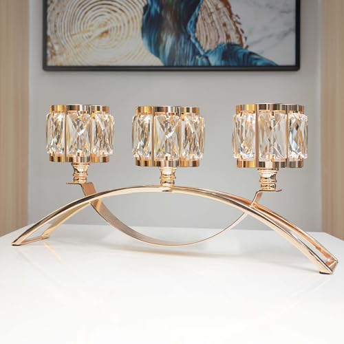 3 Arms Crystal Bowl Tealight Candelabra Votive Candle Stand, Candlestick Holders Wedding centerpieces for Tables Crystal C...