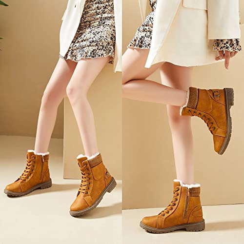 XRH Women Lace Up Combat Boot Winter Snow Boots Warm Fur Lined Ankle Booties Waterproof Hiking Boot for Women Non Slip Lea...