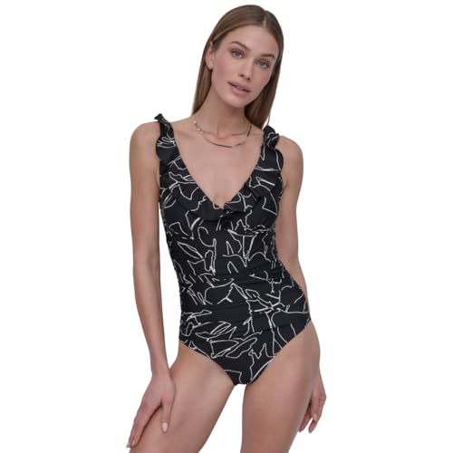 DKNY womens Ruffle V-neck One Piece Swimsuit With Tummy Control