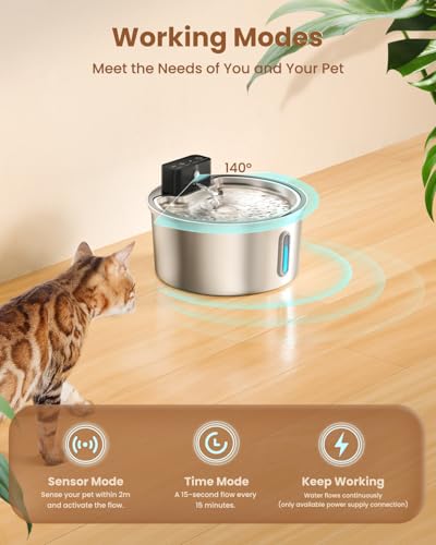 PawPoll Wireless Cat Water Fountain Stainless Steel - 3.2L/108oz Cordless Pet Water Fountain Battery Operated Cats Water D...