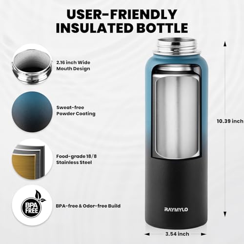 RAYMYLO Insulated Water Bottle 40 oz, Triple Wall Vacuum Stainless Steel (Cold for 48 Hrs), Leak Proof & Non-BPA, Modern W...