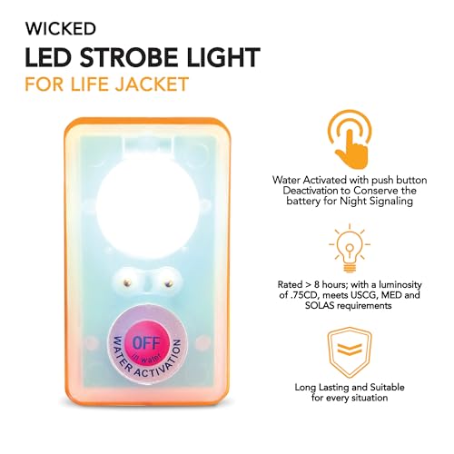 WICKED Life Jacket LED Strobe Light for Emergency Overboard Survival; Water Activated High Intensity Beam Long Range Rescu...