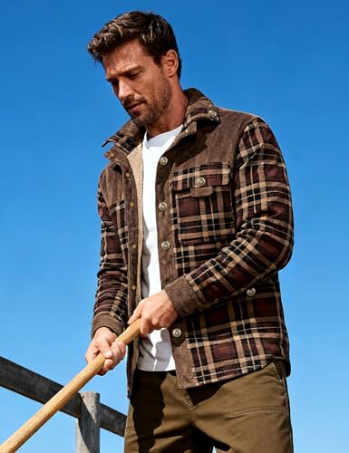 Flygo Men's Sherpa Lined Plaid Flannel Shirt Jacket Snap Button Warm Winter Jacket with Pockets