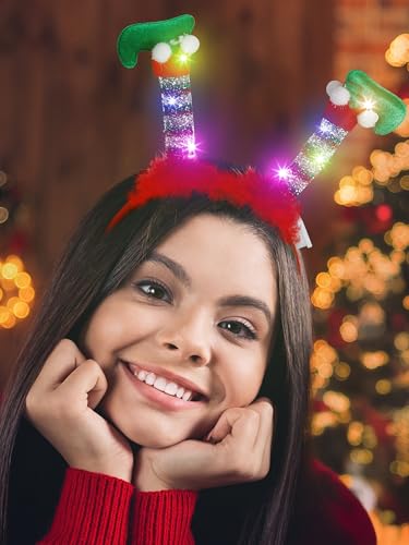 LED Christmas Headband, Reindeer Antler Leprechaun Hat Bow Hair Hoop for Xmas Holiday Party Favors Decorations Adults