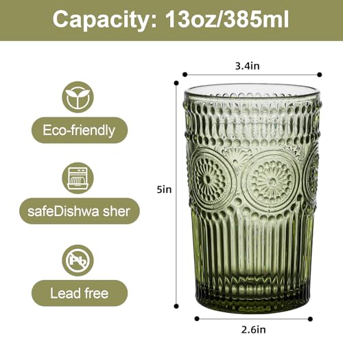 ZMOWIPDL Vintage Glassware Drinking Glasses Set of 6,13 oz Green Textured Flower Design Glass Water Tumblers，Embossed Stri...
