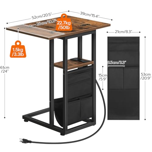 HOOBRO Foldable End Table with Charging Station, C Shaped Side Table with Storage Bag, Slide Under Sofa Couch Table for Sm...