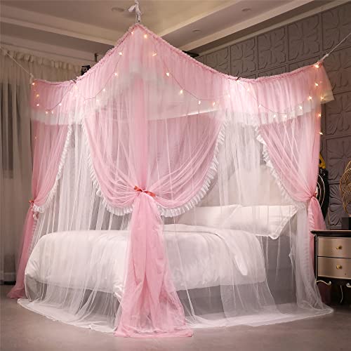VETHIN 4 Corners Post Ruffle Princess Bed Canopy Curtain-Double Layer Cozy Drape Netting 4 Opening Mosquito Net for Girls ...