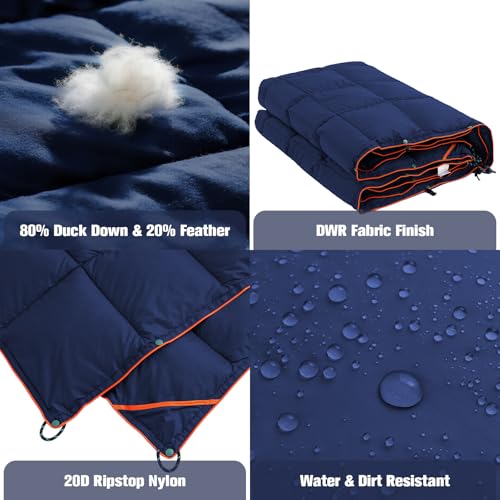 easedeco Down Camping Blanket - Navy Blue, 1lb 6oz / 77 * 52'' Lightweight Packable Warm Puffy Travel Quilt with Footbox, ...