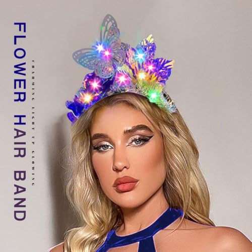 Fdesigner Light Up Flower Headbands Big Butterfly Laser Rave Hairbands Leaf Headpiece LED Women Headbands