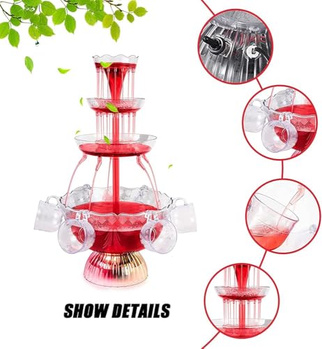 RCJCQSR 3-Tier Clear Wine Beverage Fountain Party Fountain with LED Light Lighted Base Includes 8 Reusable Cups for Bar We...