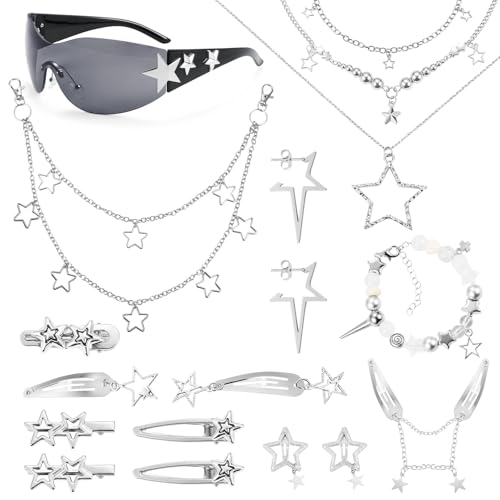 IHFAIO Y2k Accessories, 17 Pcs Y2K Set, Y2K Sunglasses, Star Necklace, Earrings, Pant Chain, Hair Clips, Bracelet, Y2K Acc...