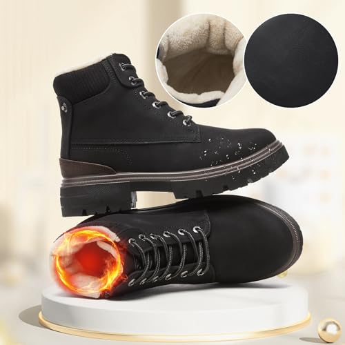 FINIWOR Ankle Boots for Women Hiking Boot Women Combat Boots Lace Up Womens Snow Boots Waterproof Fur Winter Boots Black B...