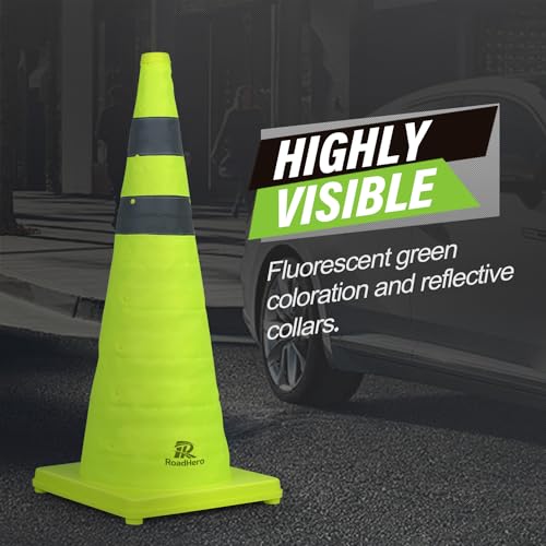 RoadHero 28 Inch 4 Pack Collapsible Traffic Safety Cones, Lime Green Pop-up Cones with Reflective Collar for Road Safety, ...