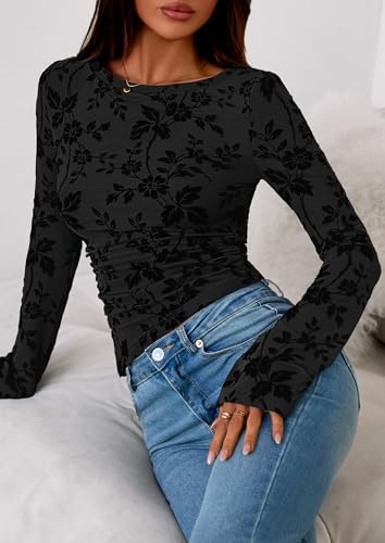 PRETTYGARDEN Women Long Sleeve Floral Mesh Tops Blouse 2026 Fall Trendy Boat Neck Ruched Spring Shirt Going Out Date Outfits