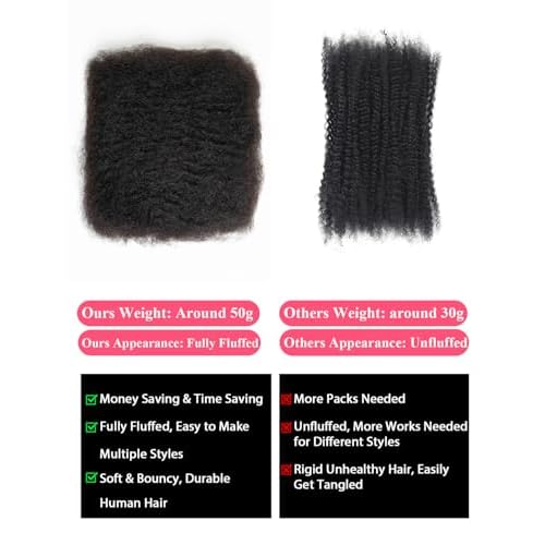 REBECCA FASHION Afro Kinky Bulk Human Hair 50g/Pack Braiding Hair for Dreadlock Extensions, Loc Repair, Afro Kinky Curly Human Hair Bulk for Twist 22 Inch Natural Black Color