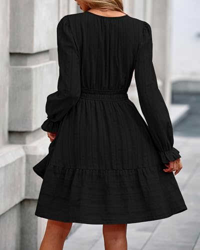 BTFBM Mini Dresses for Women 2025 Casual Lightweight Long Sleeve V Neck A Line Elastic Waist Party Holiday Dress
