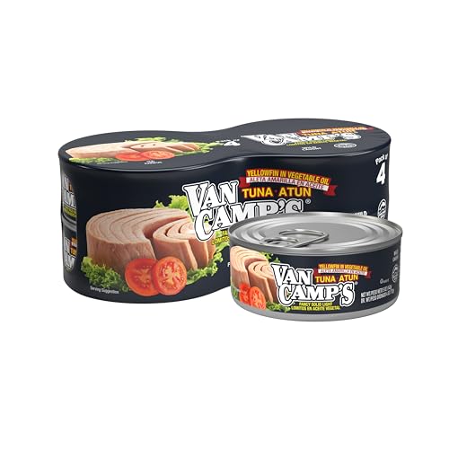 Van Camp's Seafood Solid Light Yellowfin Tuna in Oil, 4-5 oz. Cans (Pack of 6), Wild Caught Canned Tuna