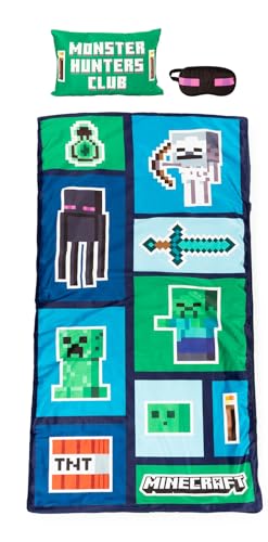 Minecraft Creeper 3 Piece Sleepover Set - Cozy & Warm Slumber Bag with Pillow & Eye Mask (Official Minecraft Product)