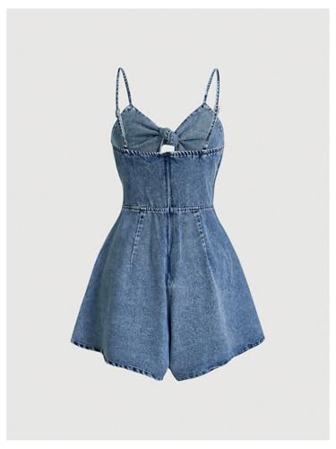 OYOANGLE Women's Vintage Bowknot Spaghetti Strap Denim Romper Sleeveless Wide Leg Jean Short Jumpsuits
