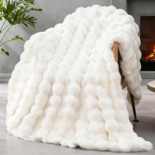 Faux Fur Throw Blanket for Couch, 1000 GSM Cozy Fuzzy Fluffy Soft Plush Thick Bubble Sherpa Blanket for Sofa Bedroom Livin...