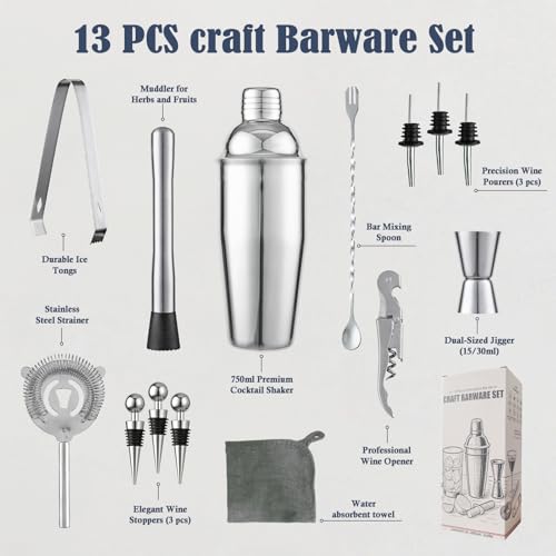 Primero Basics 13-Piece Bartender Kit Bar Tool Set – Boston Cocktail Shaker Set with Muddler,Strainer,Jigger,Spoon–Home Ba...