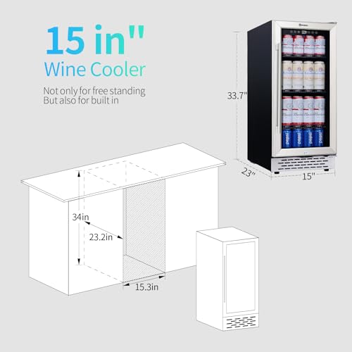 COLOZO 15 Inch Beverage Refrigerator Under Counter, 130 Cans Beverage Fridge with Tempered Glass Door & Lock, 37-65°F Beve...