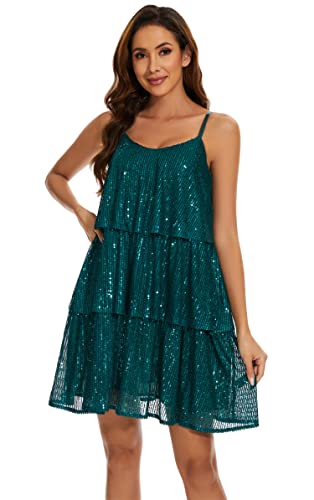 FANSI NOVA Women's Glitter Sequin Dress Adjustable Spaghetti Strap V Neck Fashion Sparkle Layered Evening Party Dress