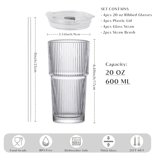 INSETLAN 20 oz Ribbed Glass Tumblers with Lids and Glass Straws – 4-Piece Glassware Set, Thickened Wall, Ideal for Iced Co...